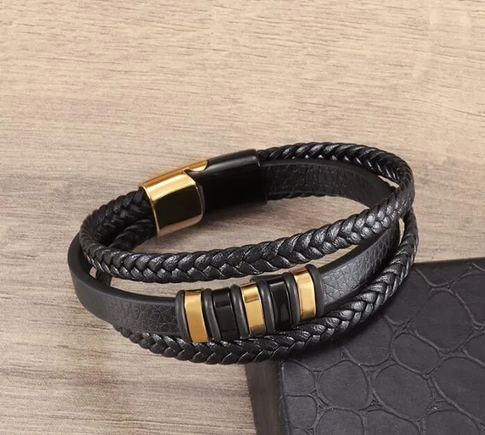 mens funky multilayer woven leather bracelet jewelry leather rope bracelet vintage fashion design gold silver color for men