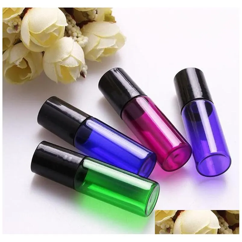 5ml 1/6oz amber green purple blue glasses roller on bottles  oil empty perfume bottle with glass stainless steel rollers ball
