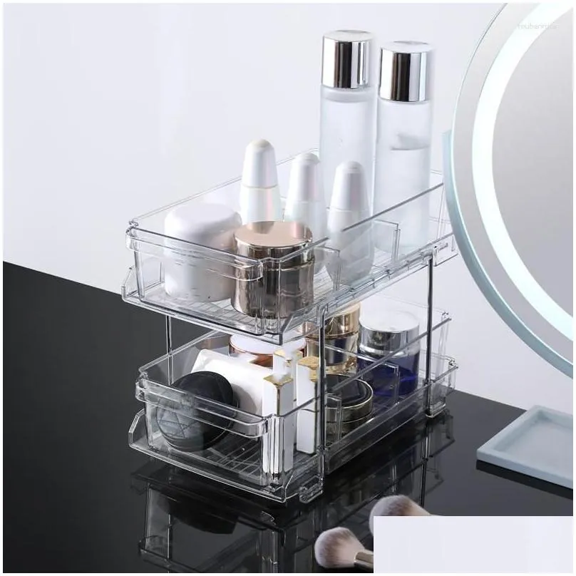 storage boxes 2 tier transparent cosmetic case holder desktop makeup organizer eyeliner pen foundation blush eyeshadow brushes box