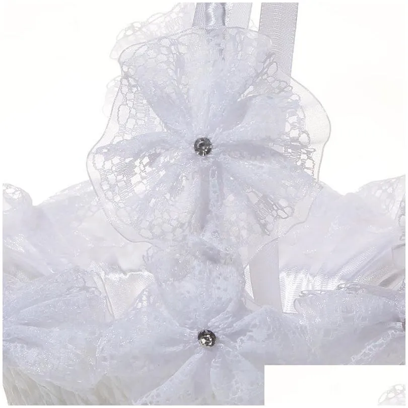 crafts white pearl rhinestone big bow flower basket wedding supplies flower girl basket wedding bride portable flower basket
