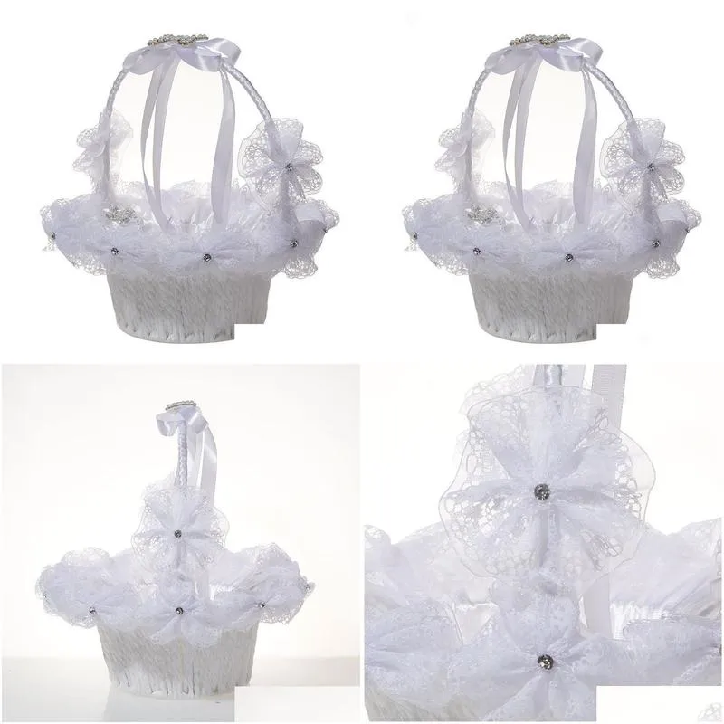 crafts white pearl rhinestone big bow flower basket wedding supplies flower girl basket wedding bride portable flower basket