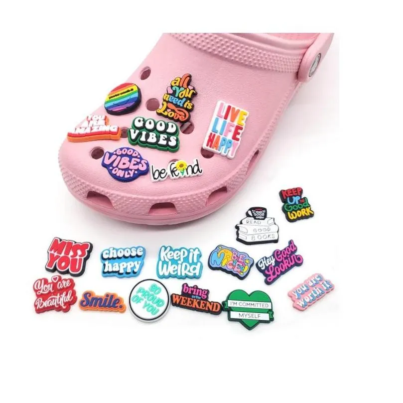 good words letter cartoon pvc shoe charms shoes buckles action figure fit bracelets croc jibz shoes accessories wristband girls gift