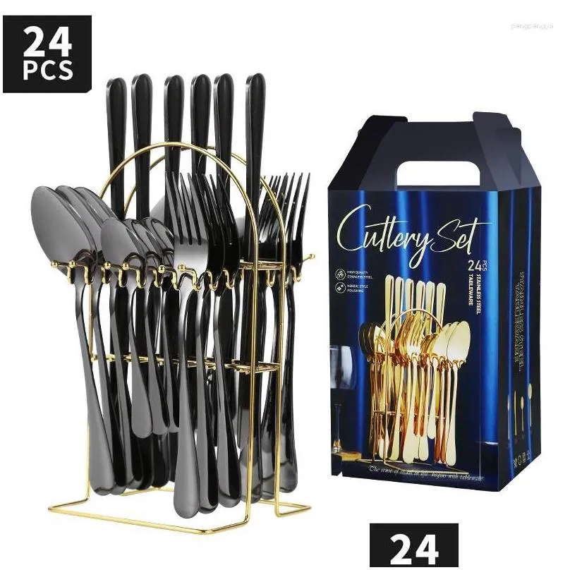 Dinnerware Sets 24 Piece Cutlery Set Stainless Steel 24in1 Luxury Holder Flatware Organizer Gold Knives Spoon And Fork With Shelf