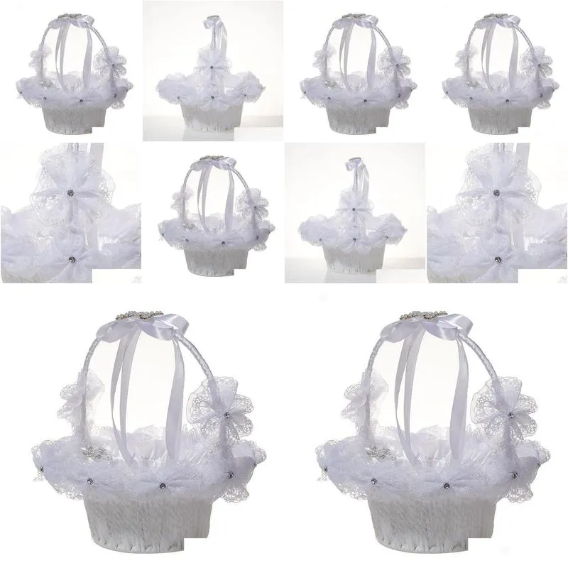 crafts white pearl rhinestone big bow flower basket wedding supplies flower girl basket wedding bride portable flower basket