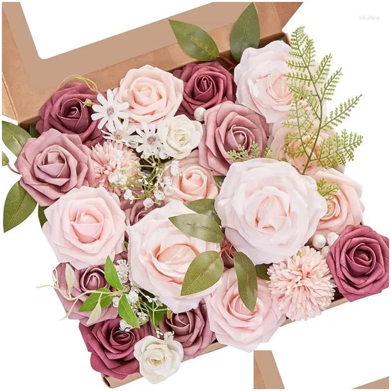 Decorative Flowers Artificial Box Set Silk Flower Foam Roses With Stems For DIY Wedding Bouquets Centerpieces Party Home Decorations