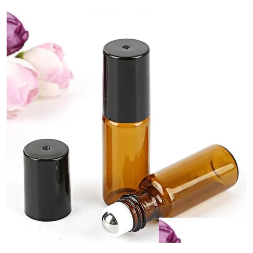 5ml 1/6oz amber green purple blue glasses roller on bottles  oil empty perfume bottle with glass stainless steel rollers ball