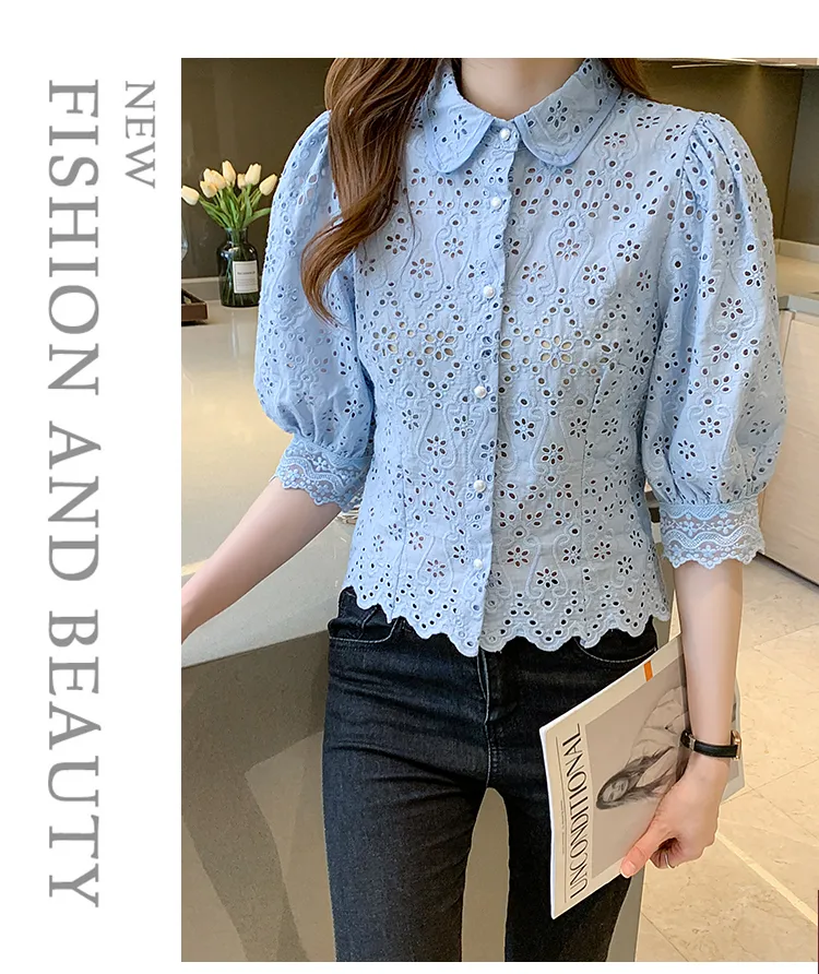 Women's Blouses Shirts Summer Summer Blusas Basic Office Lady Blusas Vintage Lace Tops Elegant Chiffon Blouse Women Loose Hollow Out Casual Shirts 2024