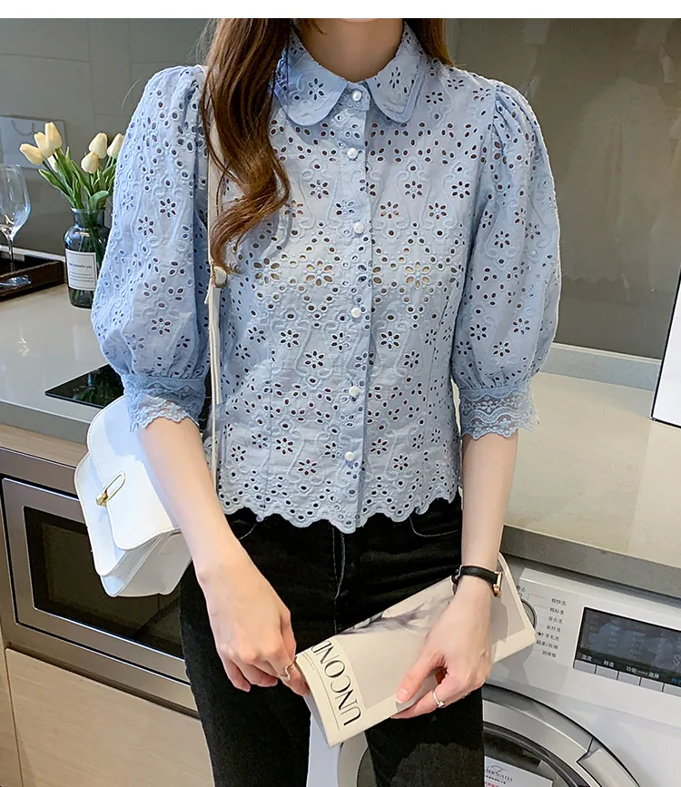 Women's Blouses Shirts Summer Summer Blusas Basic Office Lady Blusas Vintage Lace Tops Elegant Chiffon Blouse Women Loose Hollow Out Casual Shirts 2024