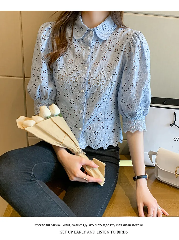 Women's Blouses Shirts Summer Summer Blusas Basic Office Lady Blusas Vintage Lace Tops Elegant Chiffon Blouse Women Loose Hollow Out Casual Shirts 2024