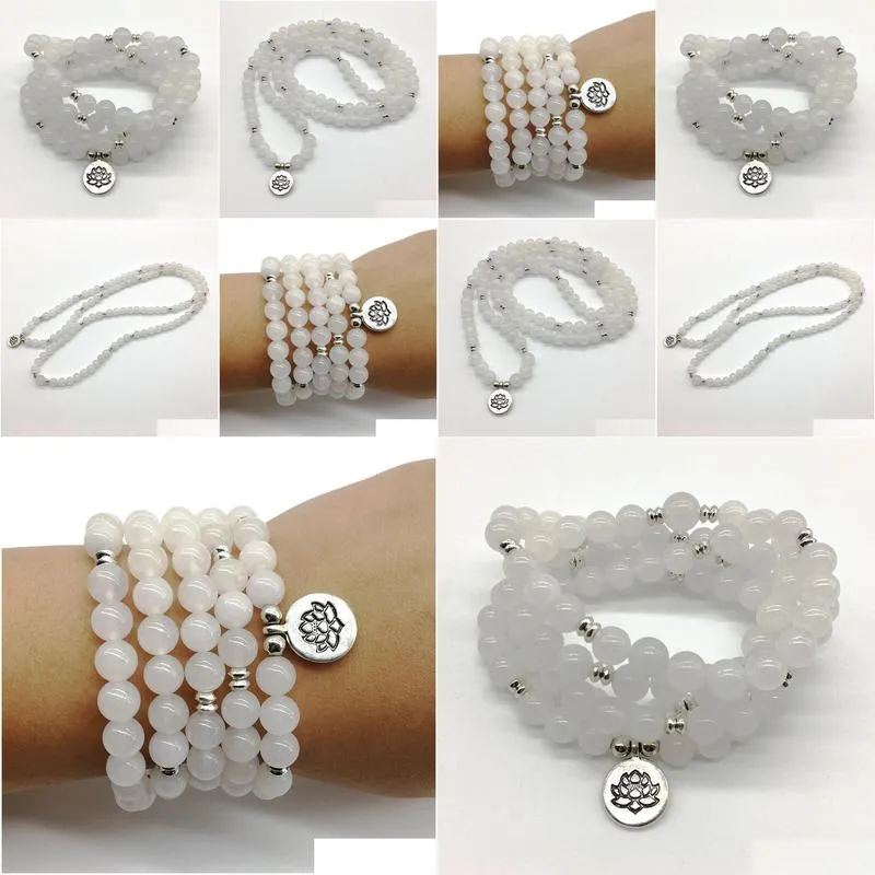 SN1202 Vintage 4 Wrap Women`s Yoga Bracelet 108 Mala Balance Necklace Natural White Jade Lotus Charm Bracelet