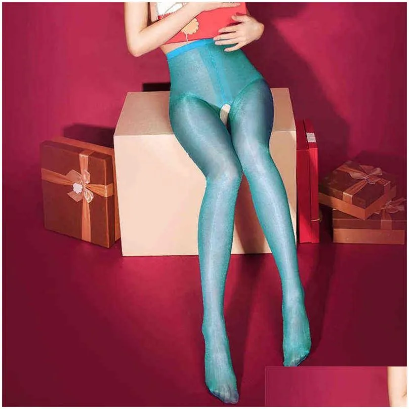 30d women colored tights with high waist sexy thin oil shiny crotchless pantyhose open crotch nylon stockings plus size pink w220312
