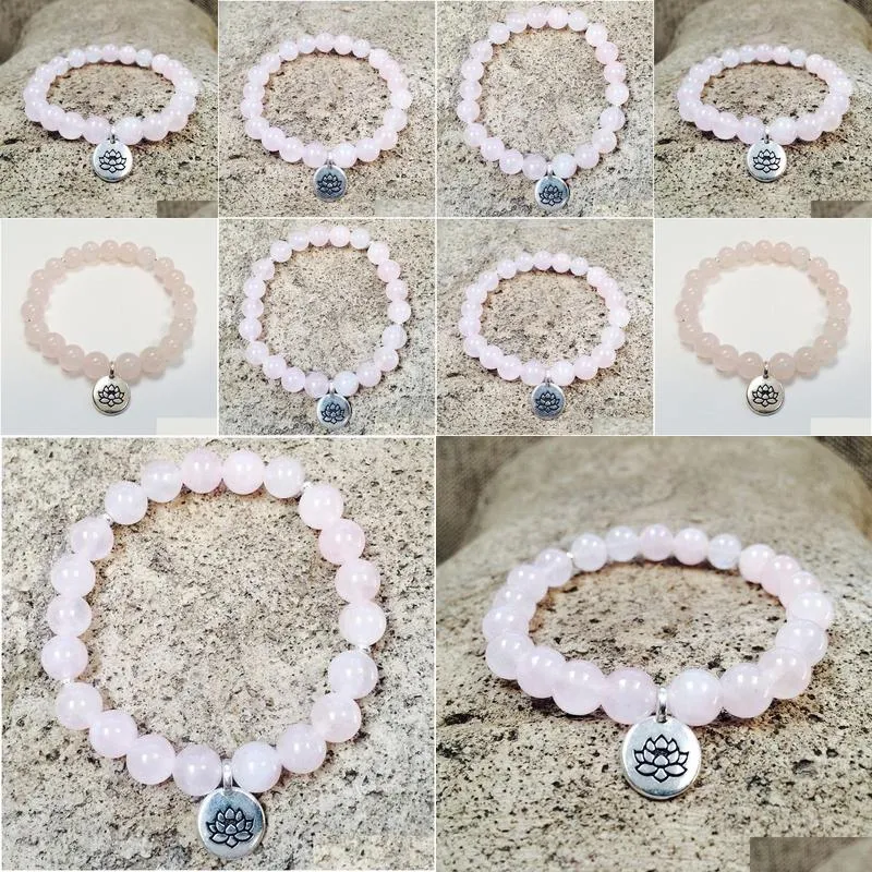 MG0847 Fashion Yoga Bracelet For Women Natural Rose Quartz Beaded Bracelet Lotus Charm Bracelet Natural Crystal Mala Jewelry