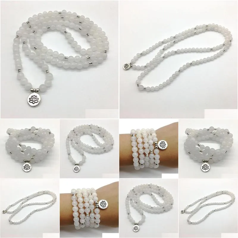 SN1202 Vintage 4 Wrap Women`s Yoga Bracelet 108 Mala Balance Necklace Natural White Jade Lotus Charm Bracelet