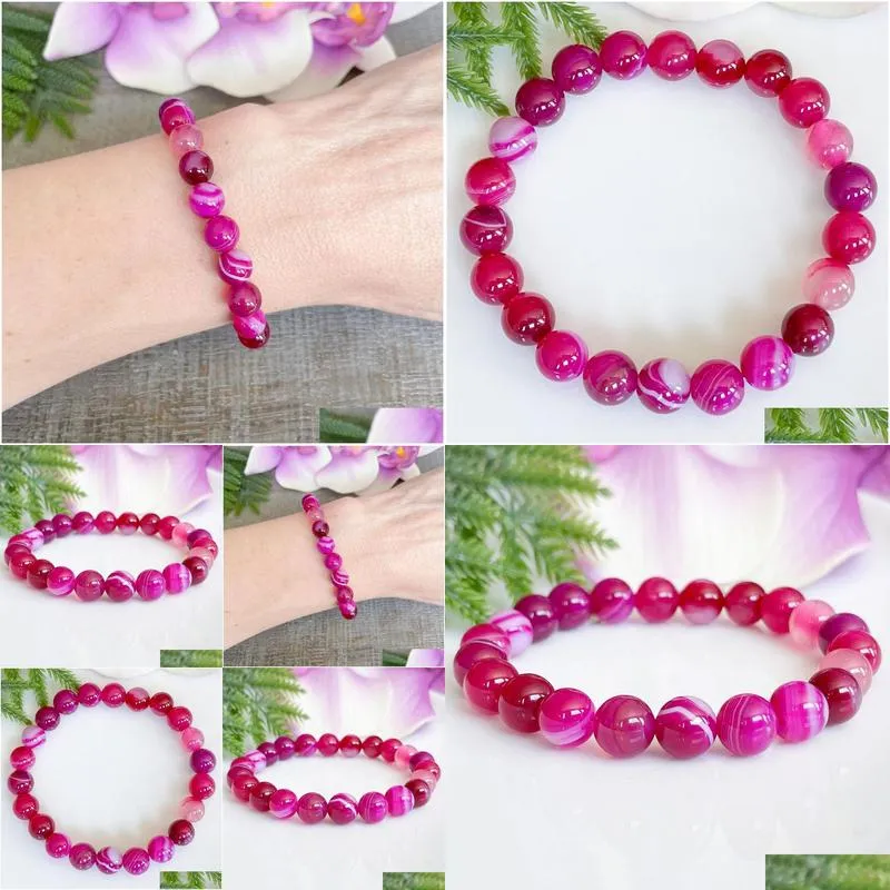 MG1516-2 Strand A Grade Pink Agate Gemstone Bracelet Healing Crystals Mala Bracelets Womens Negative Energy Protection Jewelry