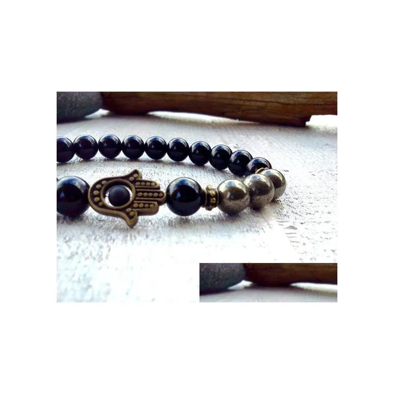 SN0591 New Design Pyrite Hamsa bracelet Fatima Hand bracelet For Men Onyx and Pyrite bracelet Hamsa Jewelry