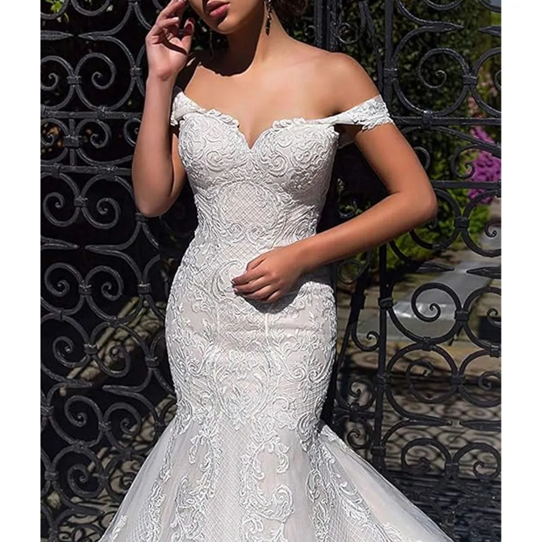 Aso Ebi Mermaid Wedding Dresses With Gold Appliqued Vestidos Off The Shoulder Bridal Gowns Robe De Soiree