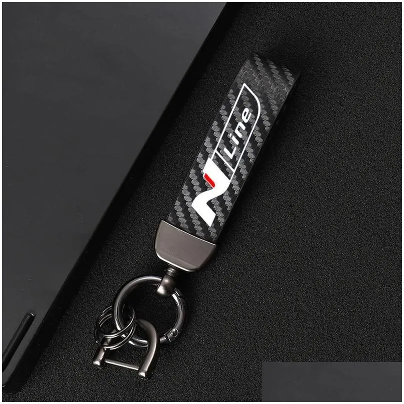 Keychains Carbon Fiber Car Key Chain 360 Degree Rotating Horseshoe Rings For Hyundai N Nline Tucson Kona Sonata Veloster I30 I20