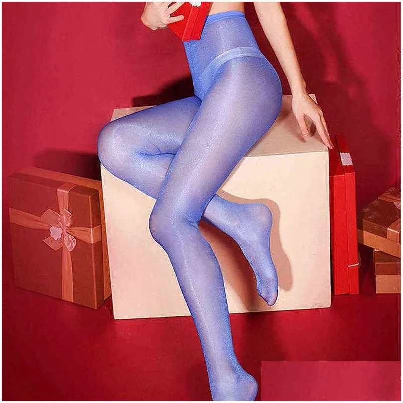 30d women colored tights with high waist sexy thin oil shiny crotchless pantyhose open crotch nylon stockings plus size pink w220312