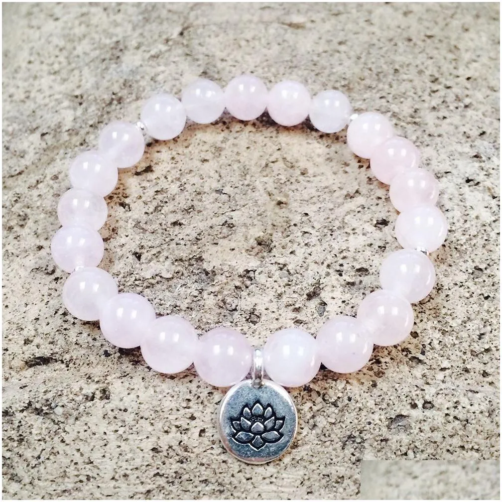 MG0847 Fashion Yoga Bracelet For Women Natural Rose Quartz Beaded Bracelet Lotus Charm Bracelet Natural Crystal Mala Jewelry