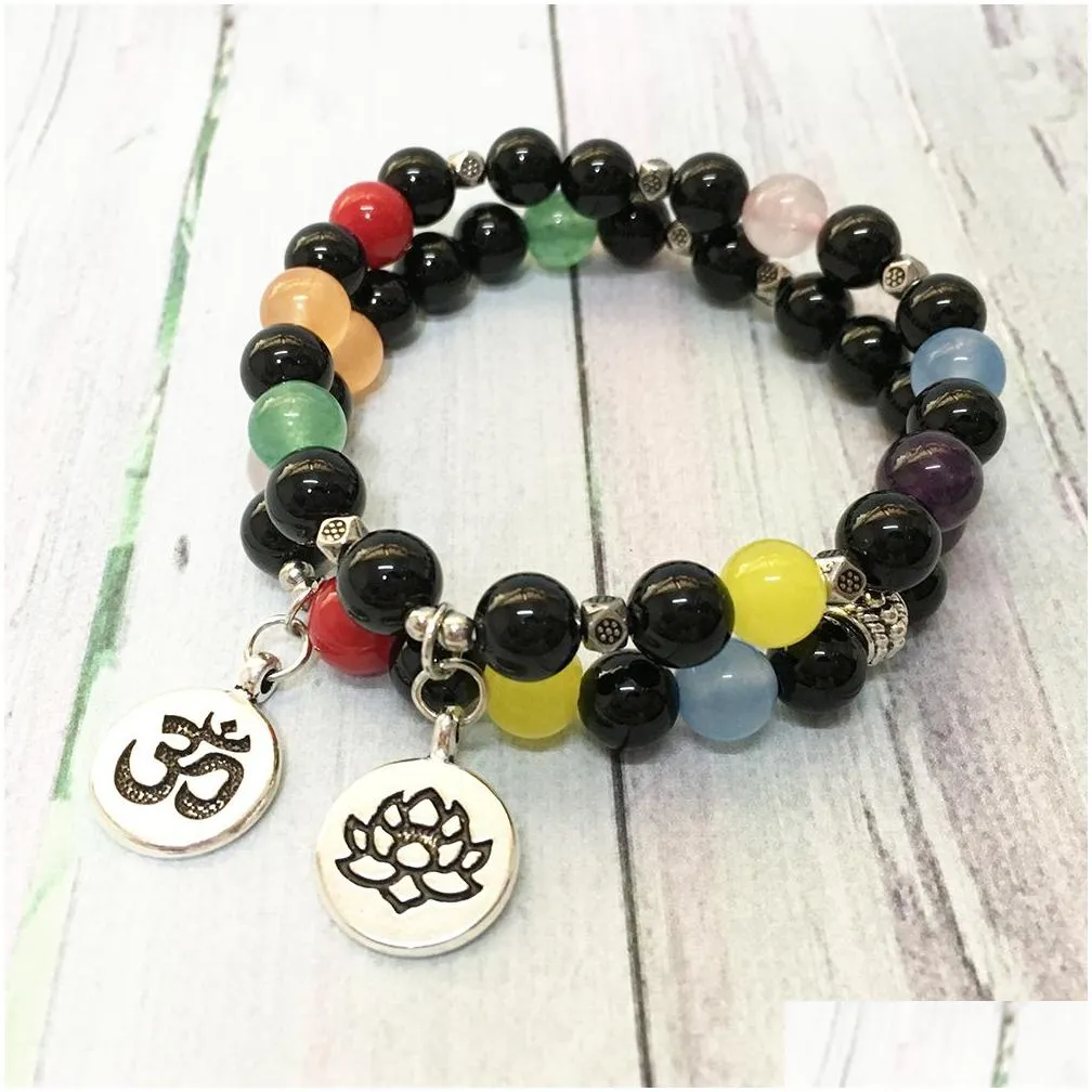 MG0563 New Design 7 Chakra Mala Yoga Bracelet A Grade Black Onyx Women`s Spiritual Bracelet Lotus Ohm Charm Energy Bracelet