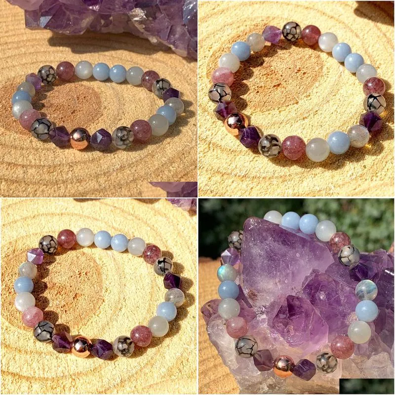 MG1458 Strand Gray Moonstone Bracelet Amethyst Angelite Gemstone Mixed Bracelet Web Agate Lepidolite Beaded Wrist Mala Bracelets