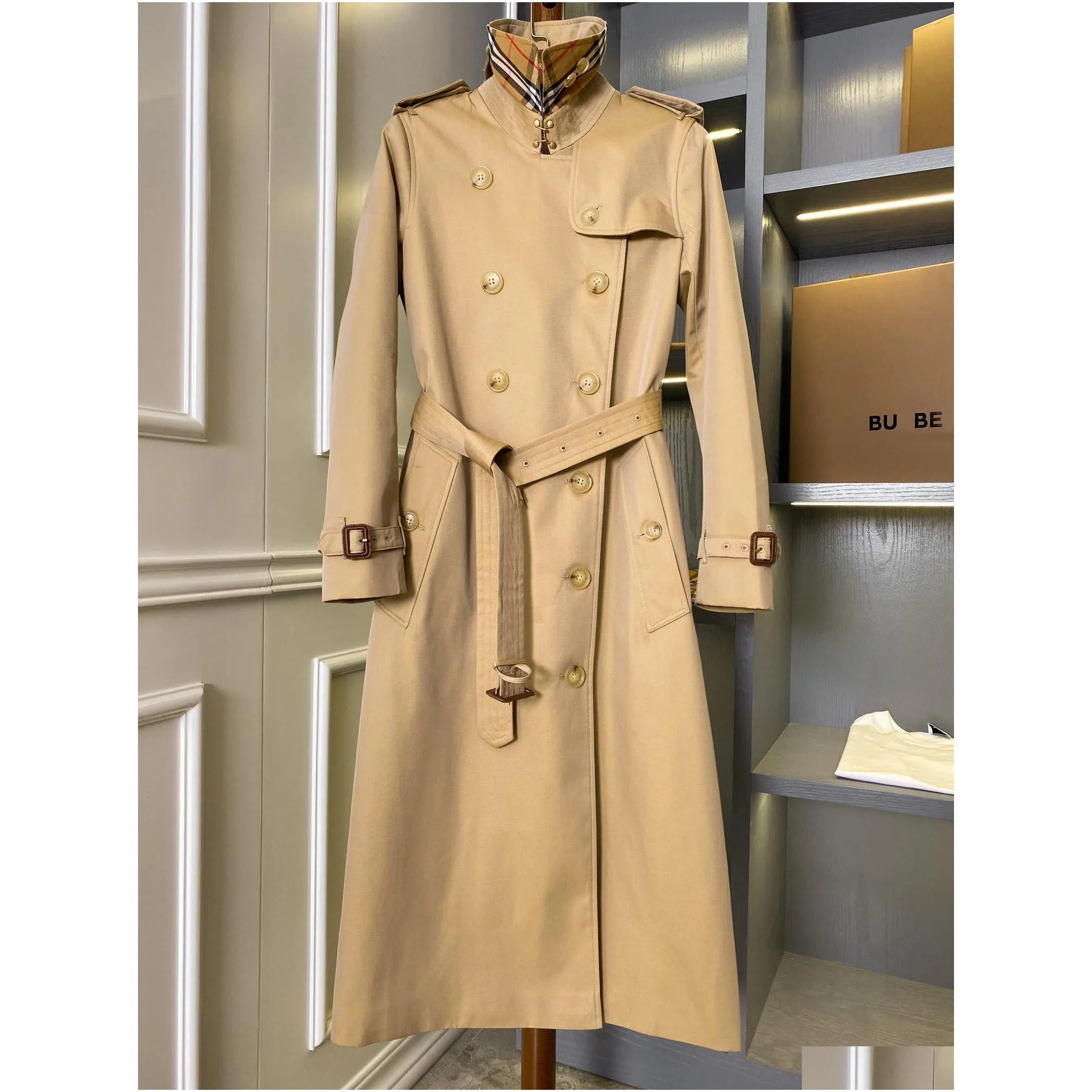 khaki designer coat womens burb trench coat spring and autumn classic fashion extended trench coat large coat tb