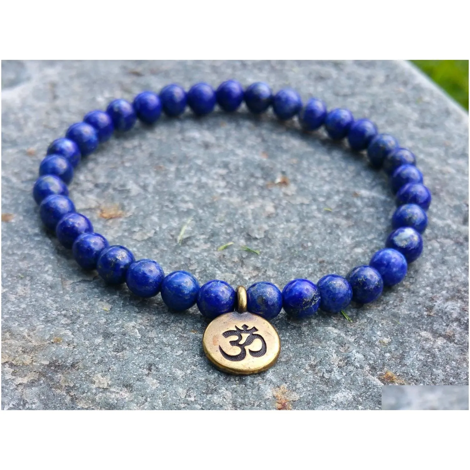 SN1106 Wholesale Handmade Beaded Bracelet 6mm Lapis Lazuli Natural Stone Beads Antique Brass Ohm Lotus Buddha Charm Bracelet