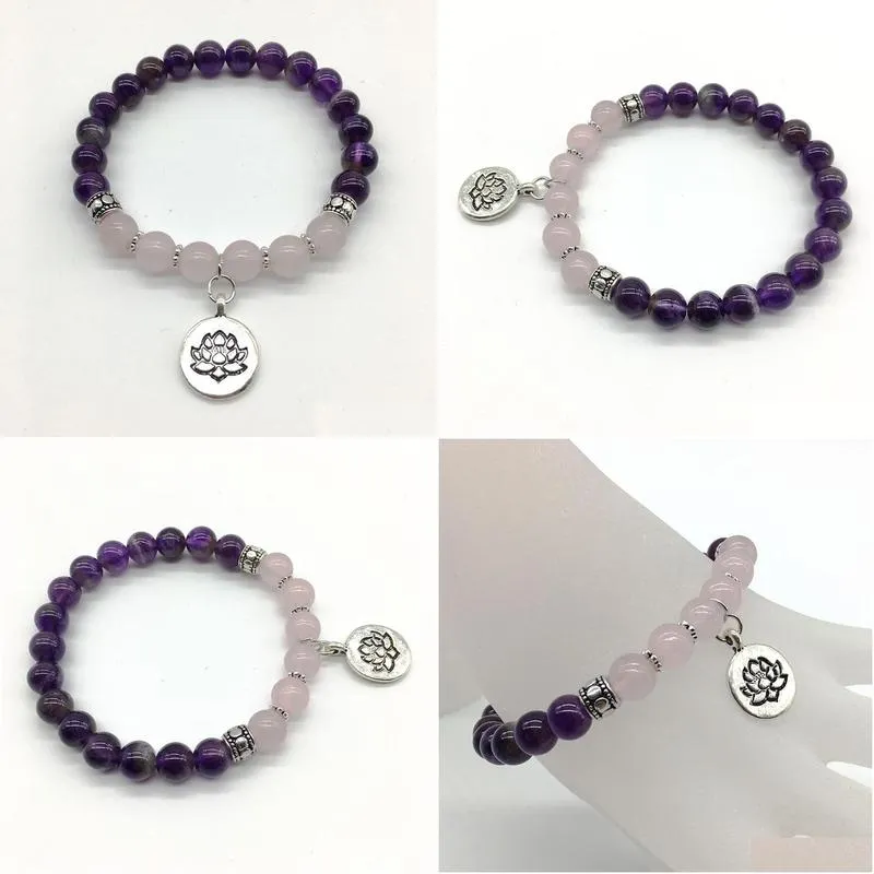 SN1188 Fashion Women`s Yoga Bracelet Purple Rose Quarz Lotus Charm Bracelet Girl`s Wedding Bracelet Free Shipping