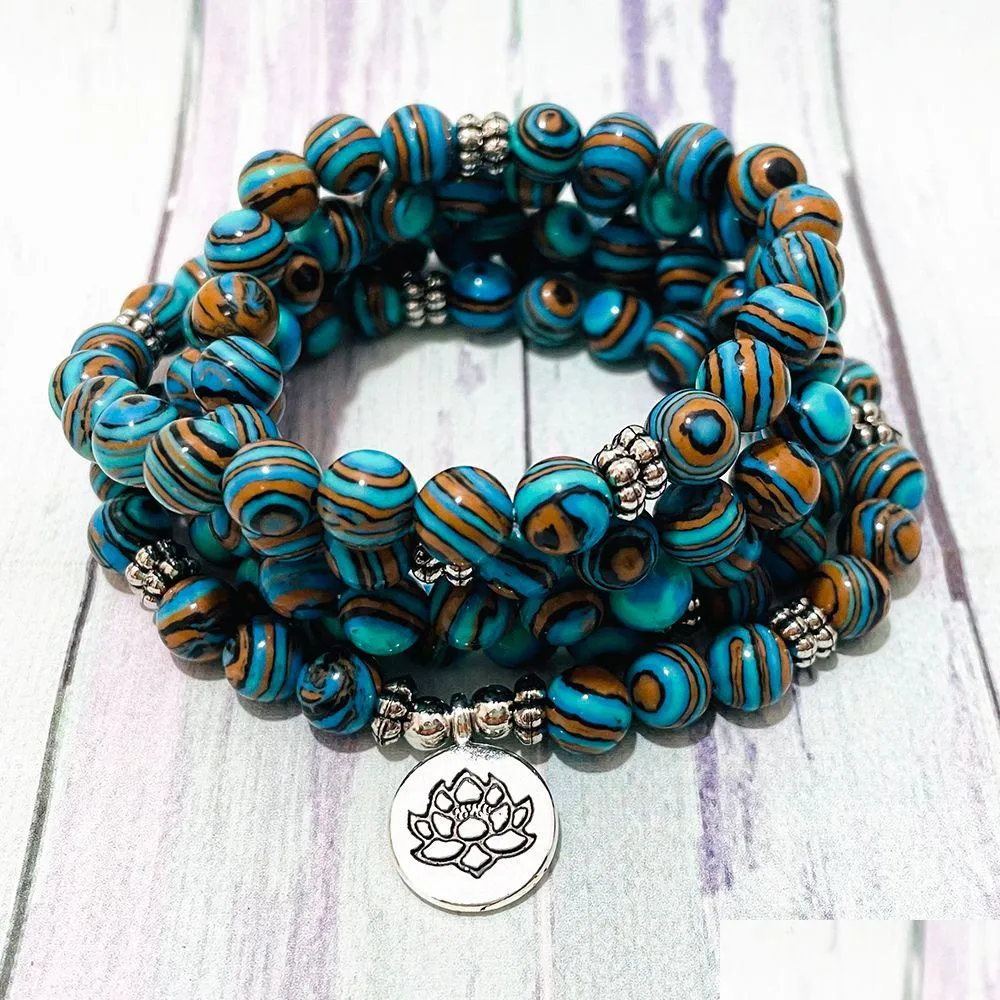 SN1432 Blue Stripe Malachite 108 Mala Bracelet Women`s Lotus Charm Yoga Bracelet Handmade Meditation Buddhist Jewelry