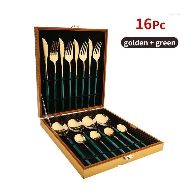 Dinnerware Sets 16/24pcs Golden Set Stainless Steel Metal Tableware Knife Fork Spoon Western Home Kitchen Cutlery Gift Box