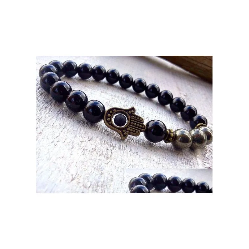 SN0591 New Design Pyrite Hamsa bracelet Fatima Hand bracelet For Men Onyx and Pyrite bracelet Hamsa Jewelry