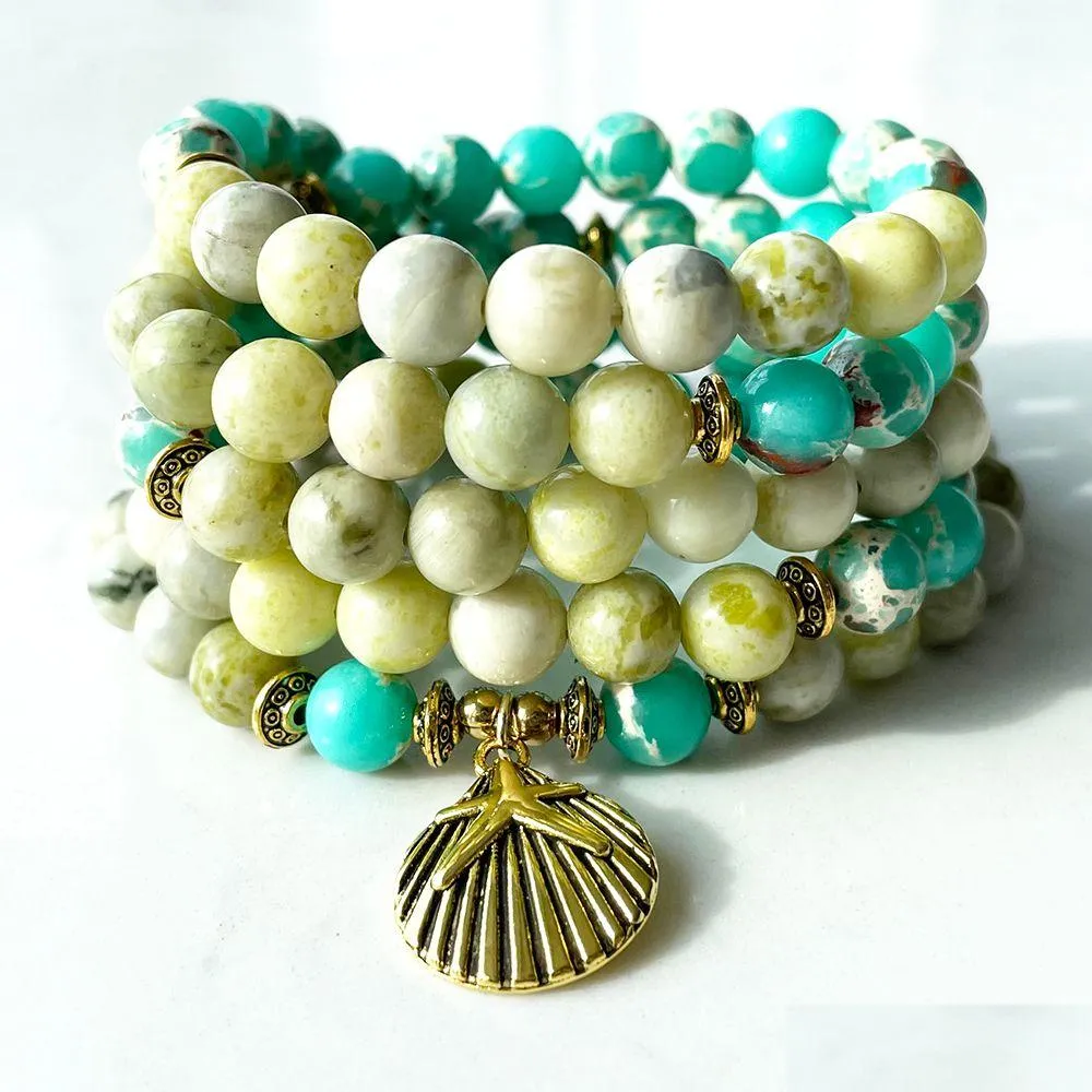 MG1388 Green Jasper Yellow Turquoise 108 Mala Bracelet Women`s Yoga Spiritual Necklace Balance Yoga Mala Energy Jewelry