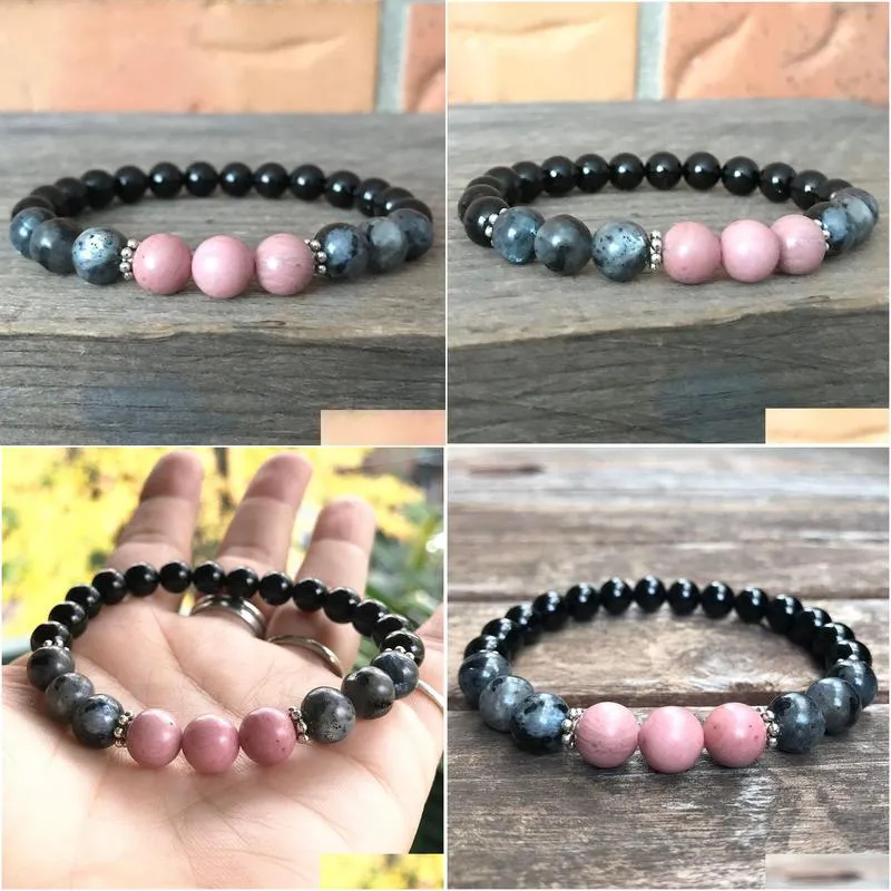 MG0925 New Design Rhodonite Women`s Bracelet Gray Larvikite Energy Bracelet Black Tourmaline Meditation Yoga Jewelry