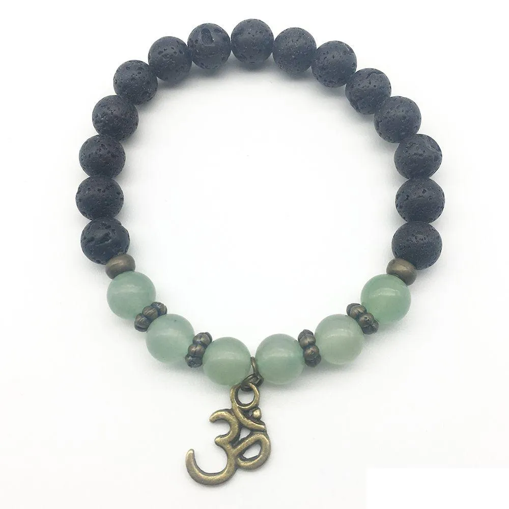 SN1311 Trendy Men`s Green Aventurine Bracelet Natural Lava Stone Bracelet Balance Ohm Charm Bracelet Jewelry Wholesale