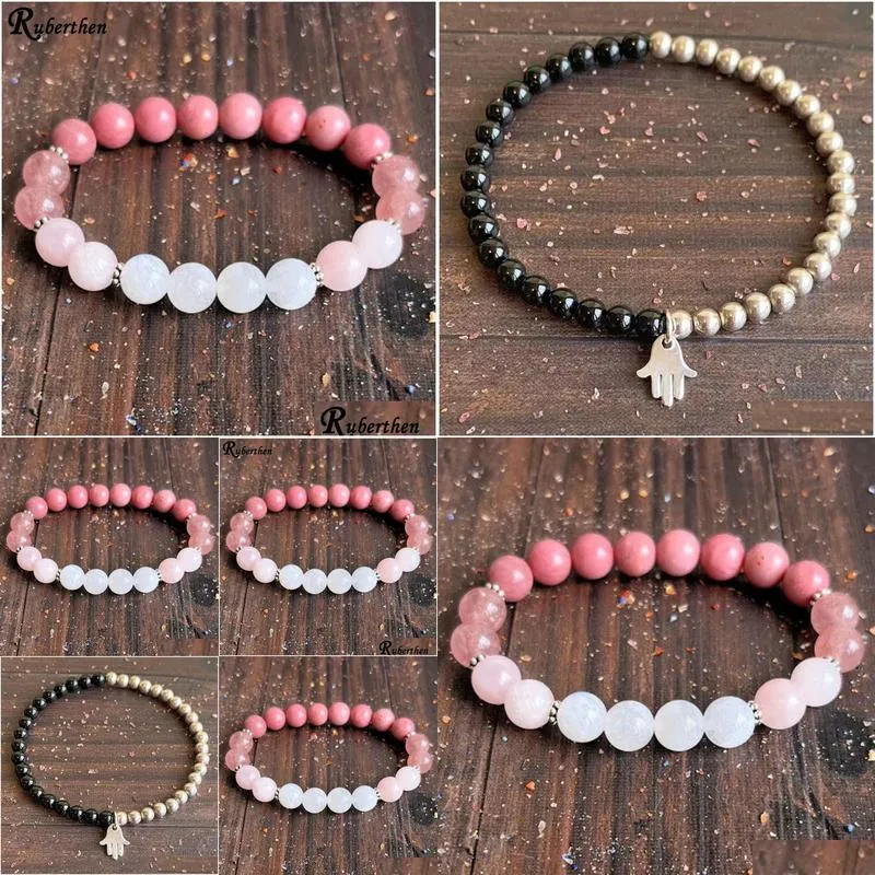 MG1596 Strand 8 MM Natural Moonstone Womens Bracelet Strawberry Quartz with 3A Grade Rhodonite Bracelet Crystals Mixed Jewelry