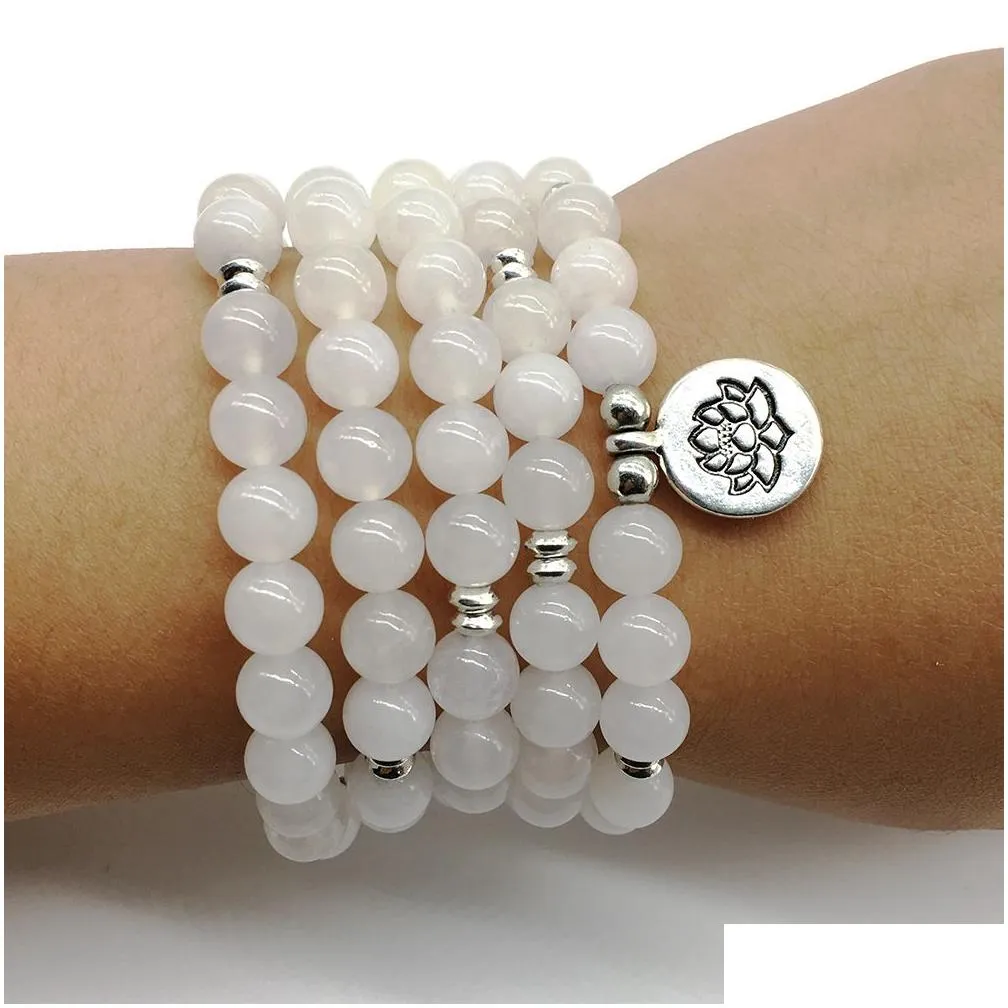 SN1202 Vintage 4 Wrap Women`s Yoga Bracelet 108 Mala Balance Necklace Natural White Jade Lotus Charm Bracelet