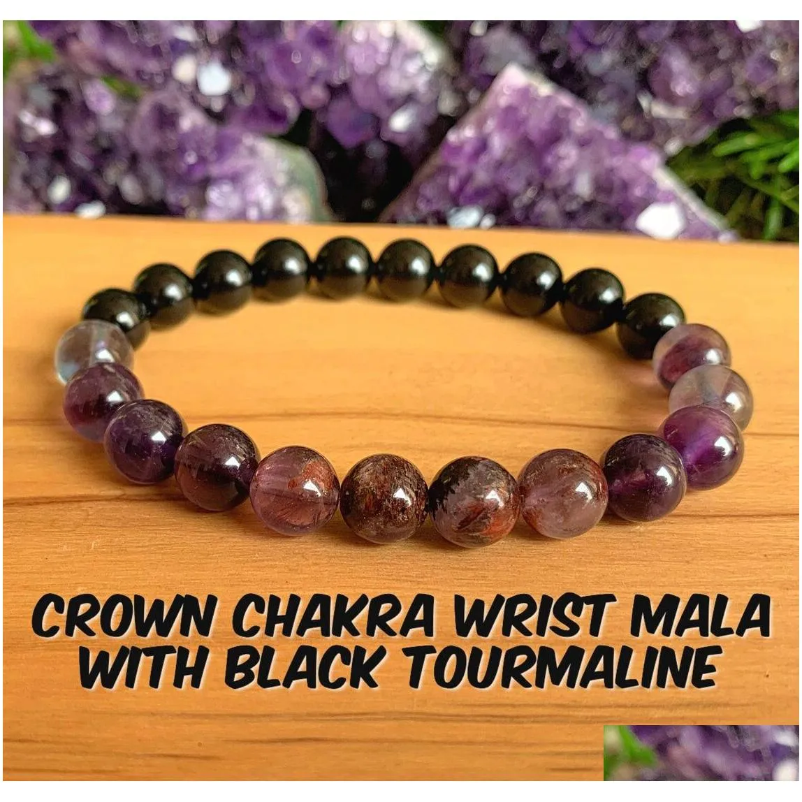 MG1284 Crown Chakra AAA Black Tourmaline Wrist Mala Bracelet Women`s Natual Uruguay Super Seven Ghost Quartz Bracelet