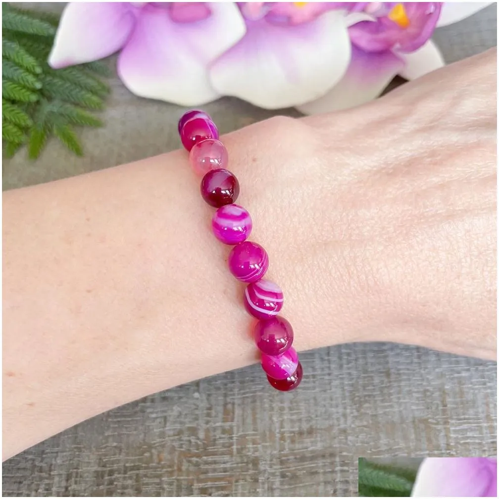 MG1516-2 Strand A Grade Pink Agate Gemstone Bracelet Healing Crystals Mala Bracelets Womens Negative Energy Protection Jewelry