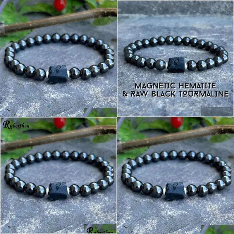 Strands MG1937 New Design 6 MM Magnetic Hematite Raw Black Tourmaline Wrist Mala Natural Gemstone Energy Bracelet