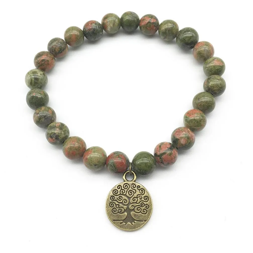 SN1275 Tree of Life Buddha Bronze Charm Bracelet Set Vintage Design Unakite Bracelet High Quality Natural Stone Jewelry