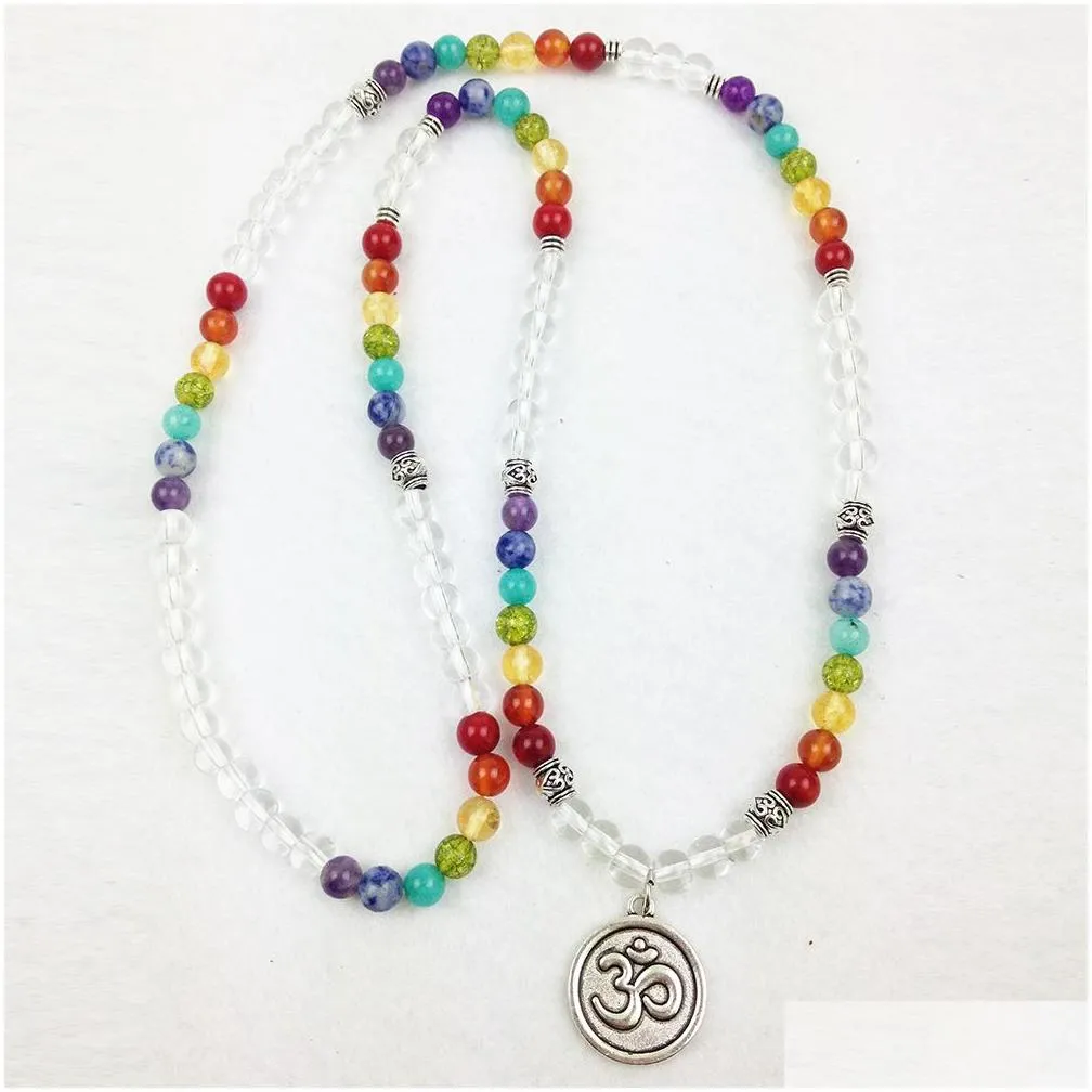 SN0188 Designer 2016 Rainbow Mala Beads Bracelet Trendy Yoga Wrap Bracelet 6mm Crystal Chakra OM Charm Necklaces Free Shipping