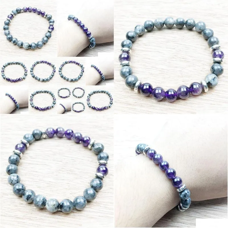 SN1023 Men Bracelet Amethyst Black Labradorite Boho Bracelet Healing Jewelry Nature Yoga Wrist Mala Beads Bracelet Free Shipping