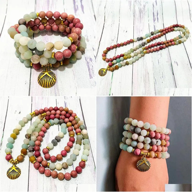 SN1540 Women`s Natutal Rhodonite 108 Mala Bracelet Matte Amazonite Shell Charm Yoga Mala Necklace Mala Bead Meditation Yoga Bracelet