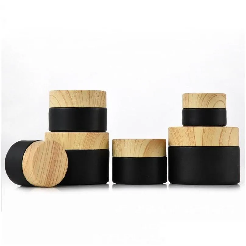 wholesale black frosted glass jars cosmetic jars with woodgrain plastic lids pp liner 5g 10g 15g 20g 30 50g lip balm cream