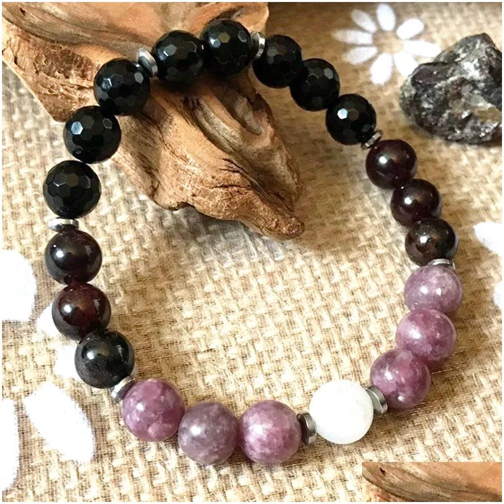 MG0914 8 MM Natural Lepidolite Moonstone Bracelet Black Tourmaline Bracelet High Quality Heart Chakra Meditation Jewelry