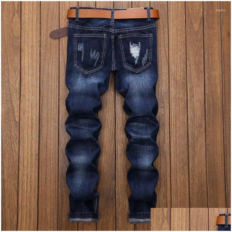 mens jeans el barco fashion ripped holes cotton denim men hip hop scratched slim blue male pants soft streetwear black trousers