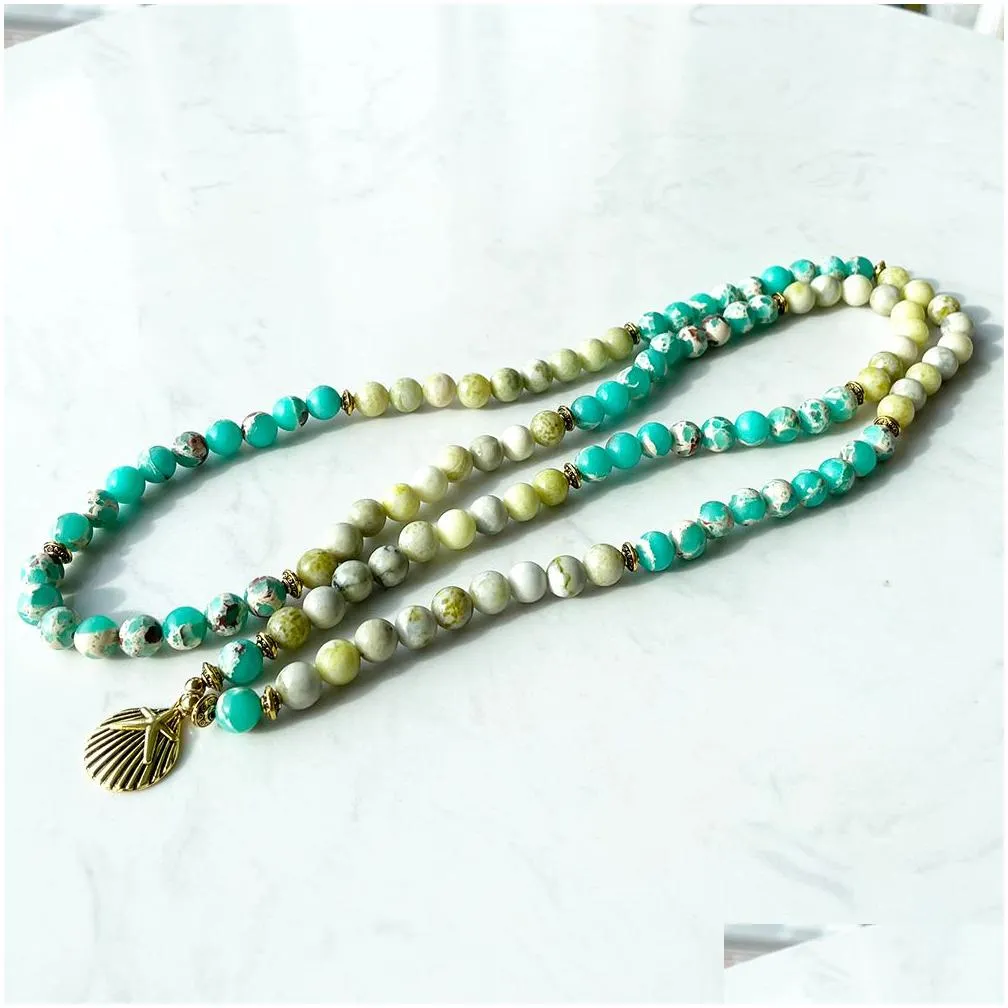 MG1388 Green Jasper Yellow Turquoise 108 Mala Bracelet Women`s Yoga Spiritual Necklace Balance Yoga Mala Energy Jewelry