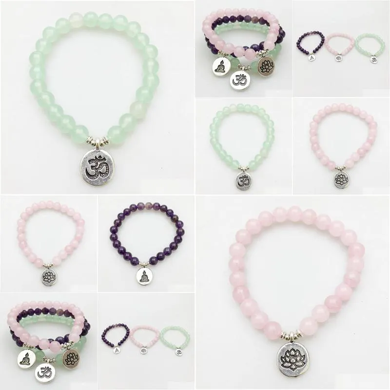 SN1140 Fashion Women`s Bracelet Amethyst Green Aventurine Rose Quartz Mala Bracelets Lotus Ohm Buddha Bracelet Free Shipping