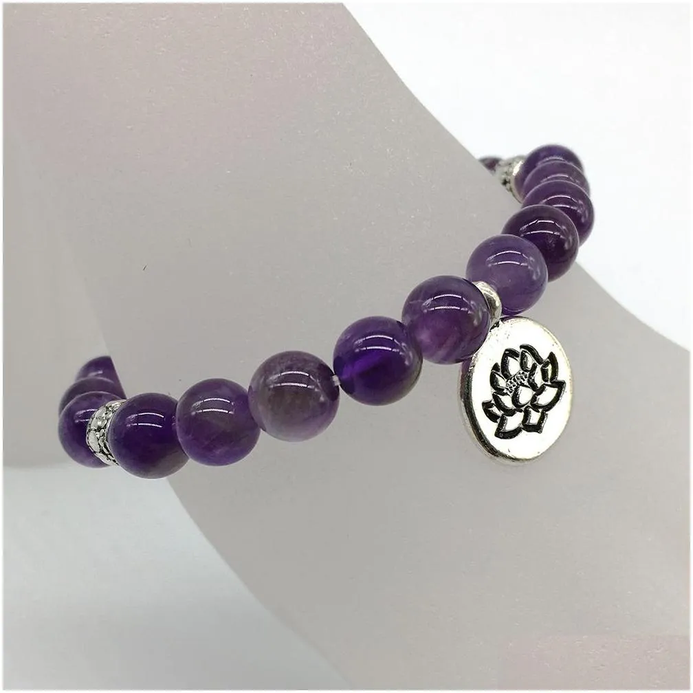 SN1195 Namaste Lotus Yoga Jewelry Mala Bracelet Stress Relief Meditation A-methyst Beaded Bracelet Unique Birthday Gift