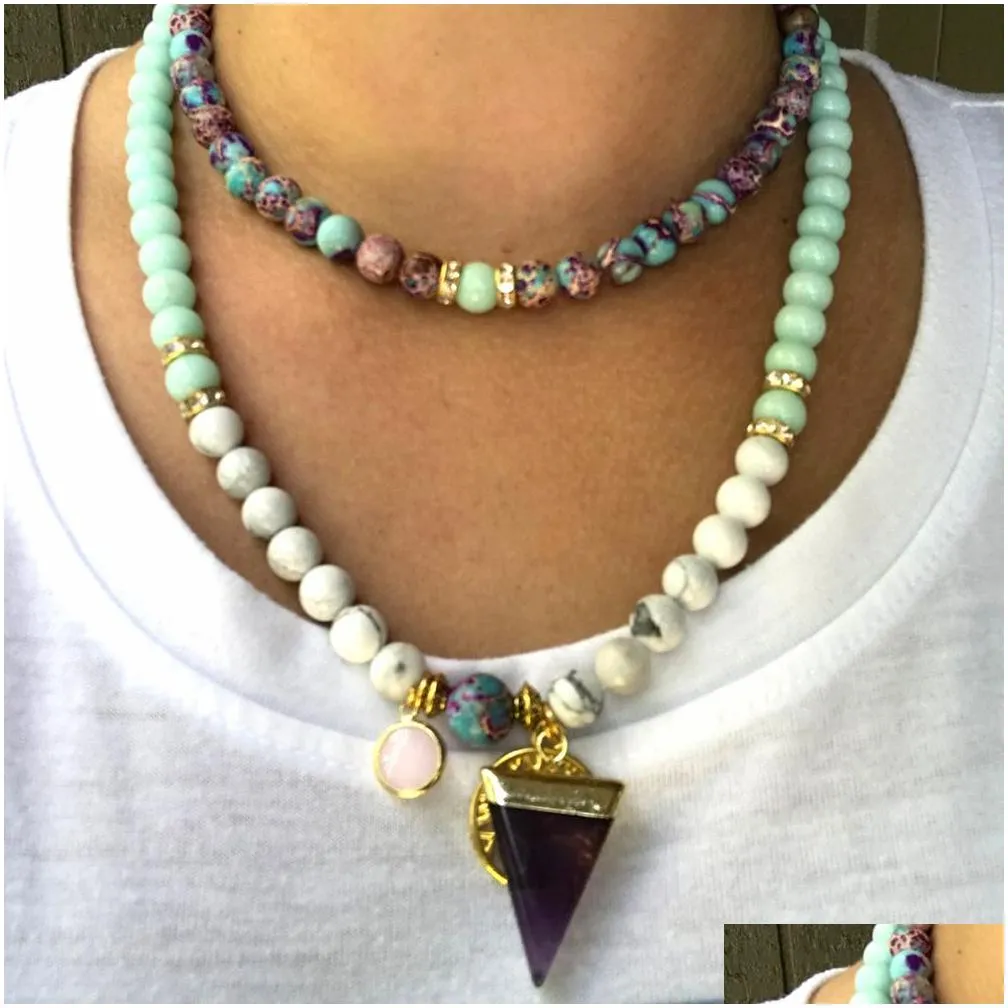 MG1472Strand Natural Howlite 108 Mala Necklace Womens 6 mm Purple Jasper Mala Beads Amethyst Charm Meditation Buddhist Jewelry